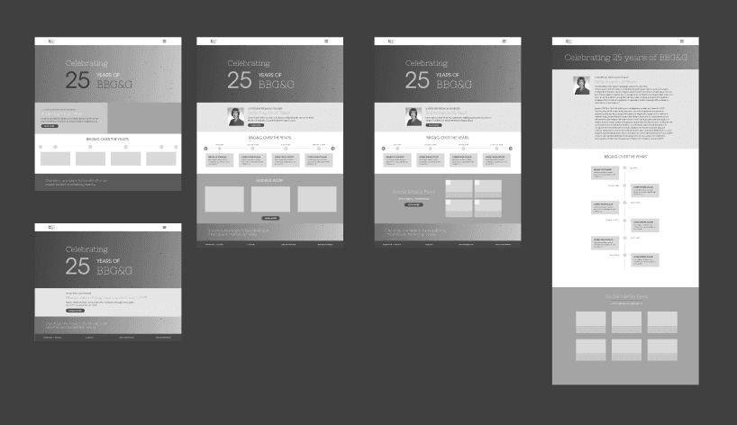 Wireframes/drafts of 25th company anniversary homepage and timeline