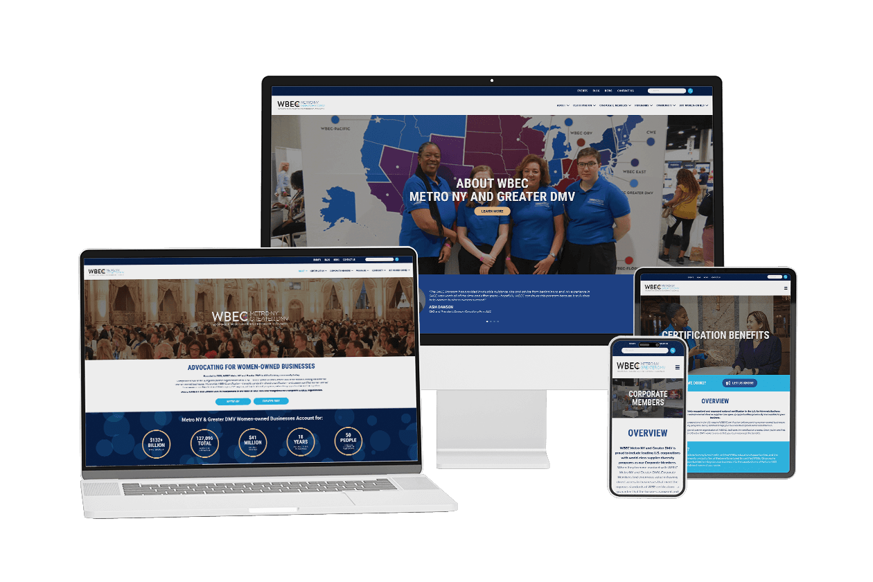 Mockup of WBEC site on a desktop, laptop, tablet, and phone