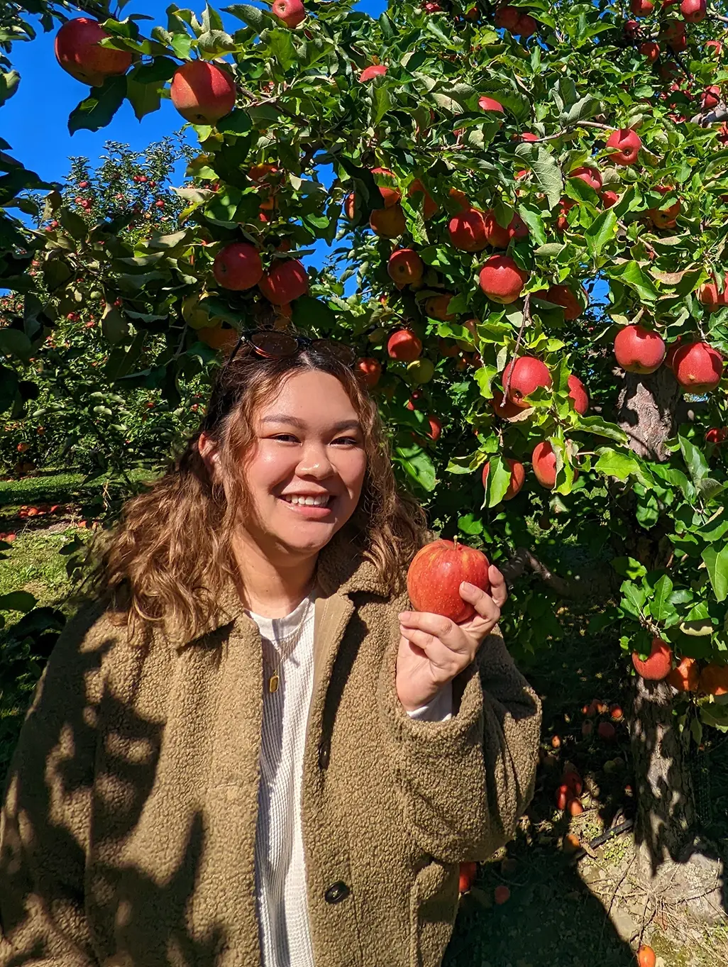 Photo of Amanda smiling holding an apple in front of an apple tree