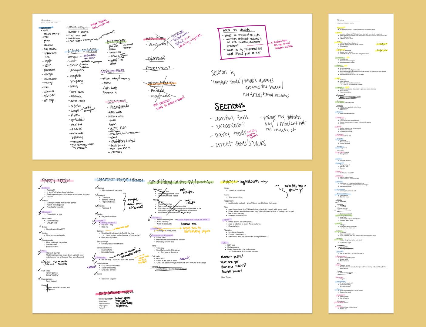 Various lists of possible cookbook recipes and handwritten annotations