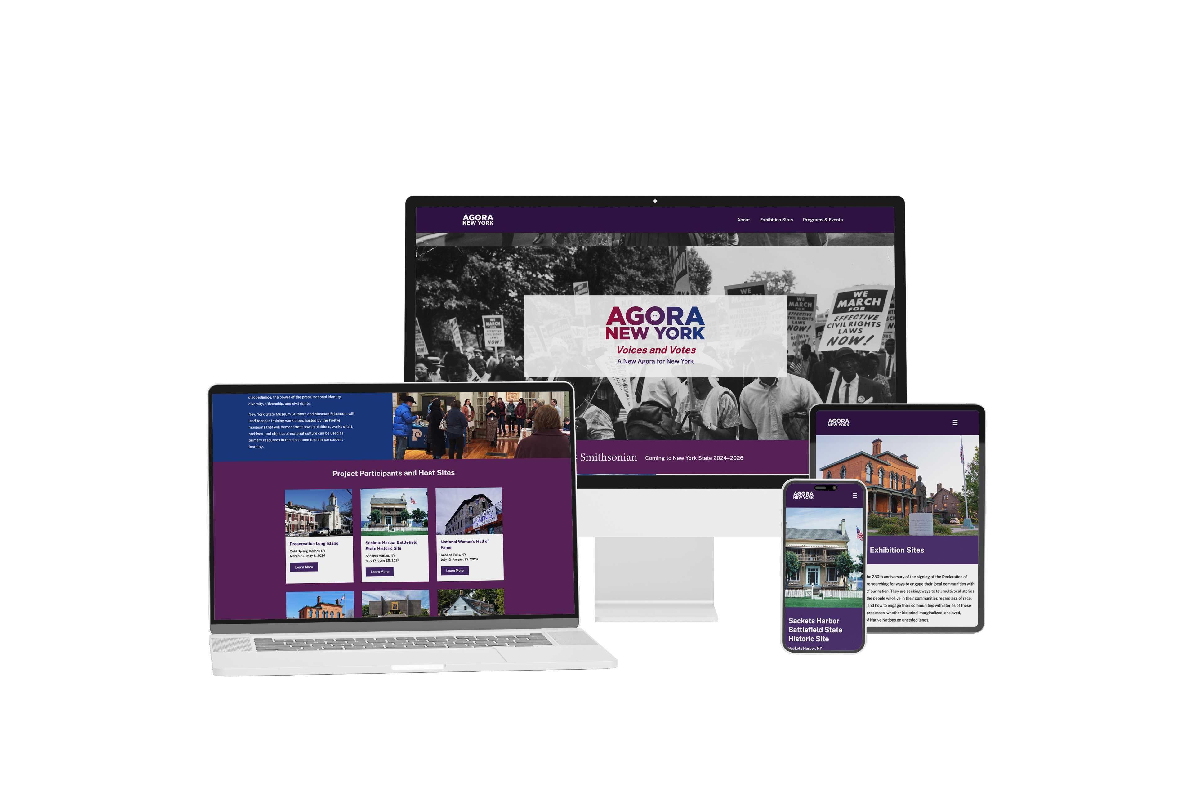 Mockup of MANY site on a desktop, laptop, tablet, and phone