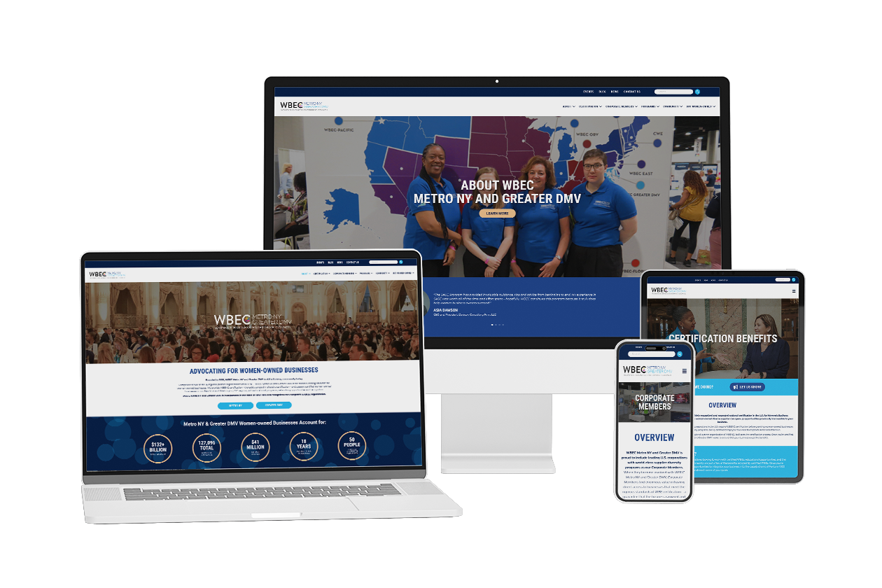 Mockup of WBEC site on a desktop, laptop, tablet, and phone